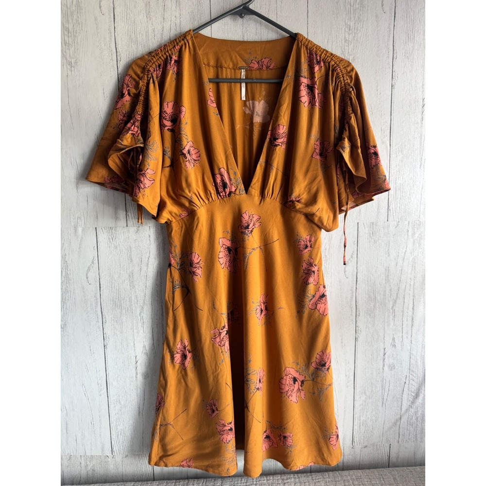 Free People Floral Mini Dress Mustard Yellow Pink V-Neck Flutter Sleeve Size 2